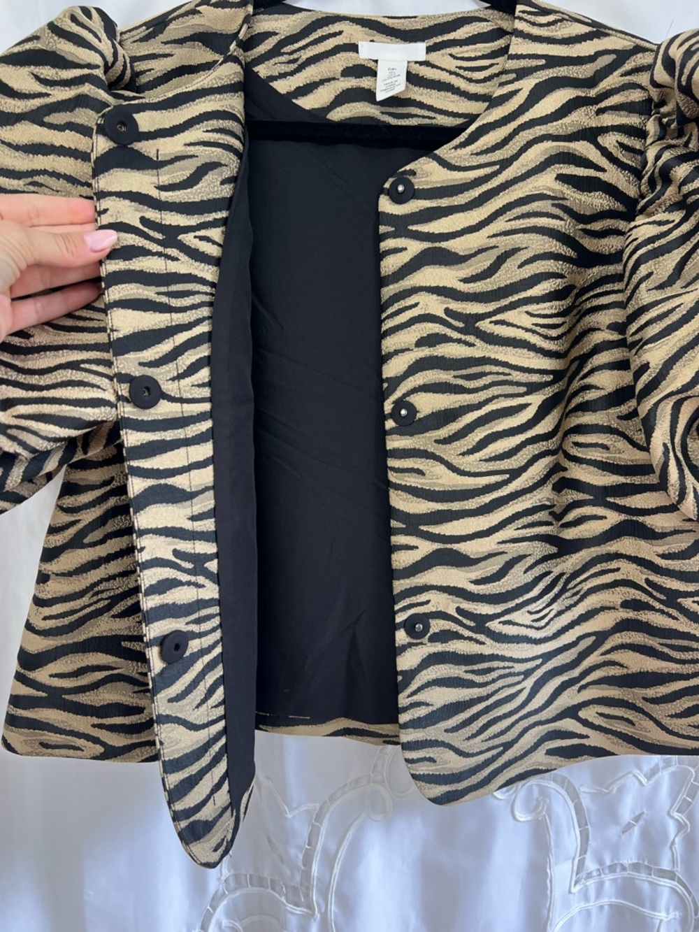 H&M Zebra Jacquard Puff Sleeve Jacket Gold Black Cropped Blazer Size L - Picture 8 of 12
